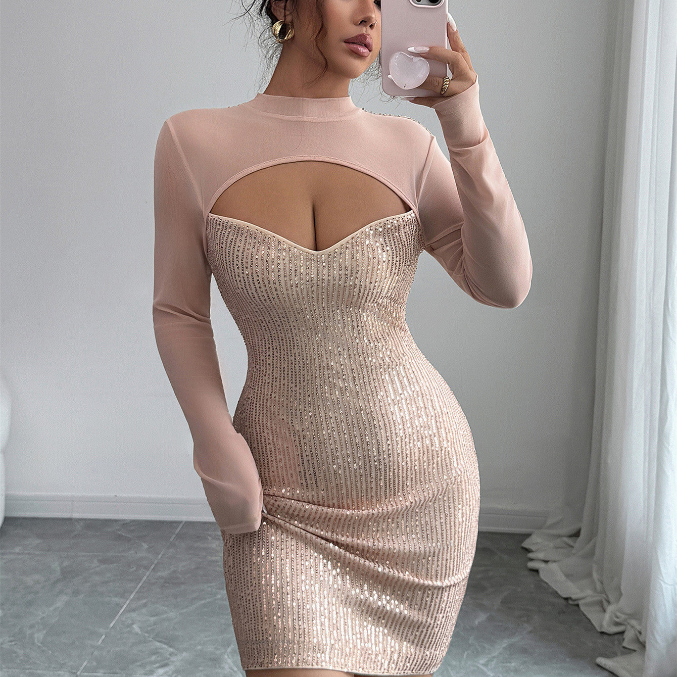 Women's Solid-Color Elegant And Fashionable Long-Sleeve Sheath Dress