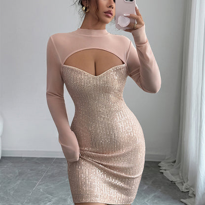 Women's Solid-Color Elegant And Fashionable Long-Sleeve Sheath Dress