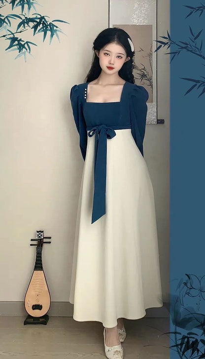 National Style New Chinese Style Spring And Autumn French Retro Elegant Slim Square Collar High Waist Skirt