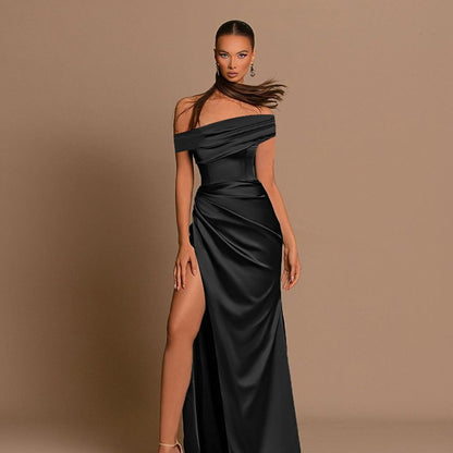 Elegant Off Shoulder Satin Slit Dress, Extra Long Formal Gown, Christmas Party Dress