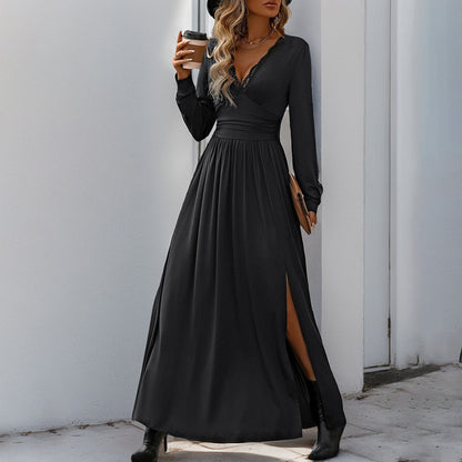 Women's Solid-Color V-Neck Elegant Lace Bodycon Split Dress