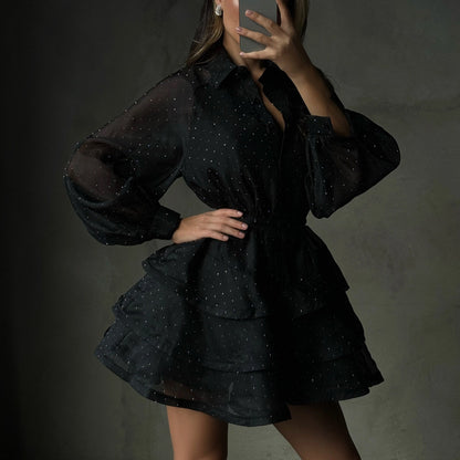 Fashionable Black A-line Dress With Diamond Embellishments, Lapel Collar, Long Sleeves, And High Waist