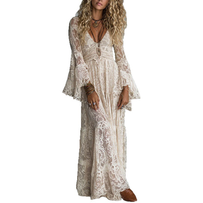 European Size Elegant V-neck High-waist Lace Trim Casual Long Sleeve Dress