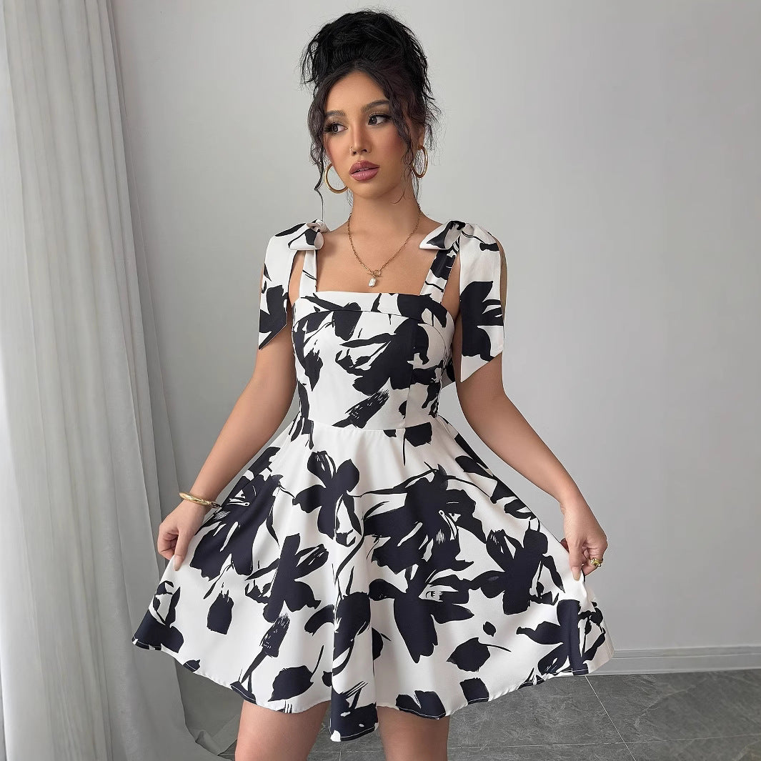 Fashion Ruffled Square Neck All-over Print Dress