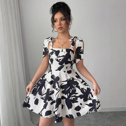 Fashion Ruffled Square Neck All-over Print Dress
