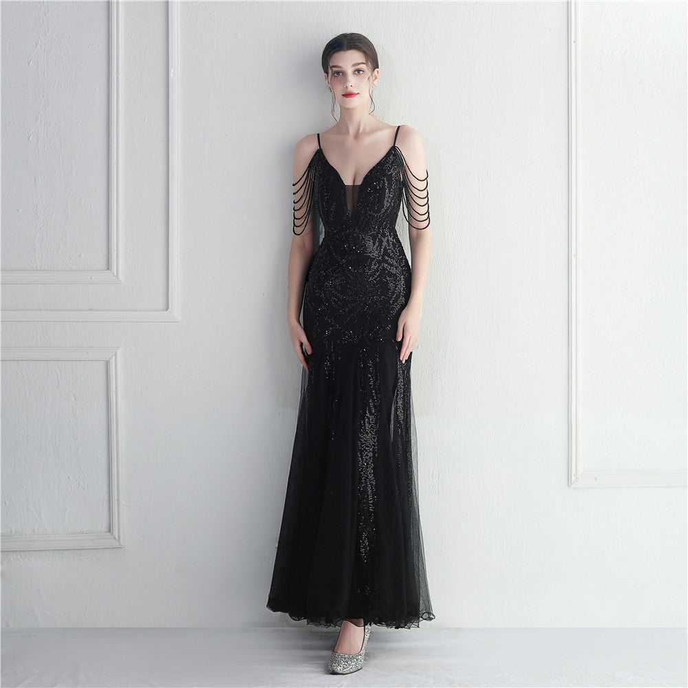 Mesh Beaded Dinner Long Camisole Evening Gown