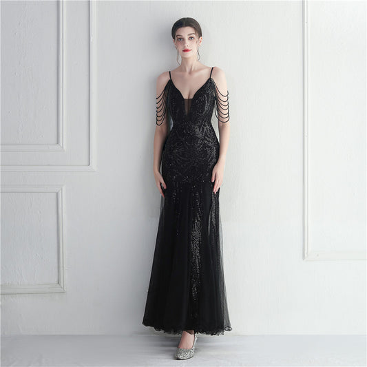 Mesh Beaded Dinner Long Camisole Evening Gown