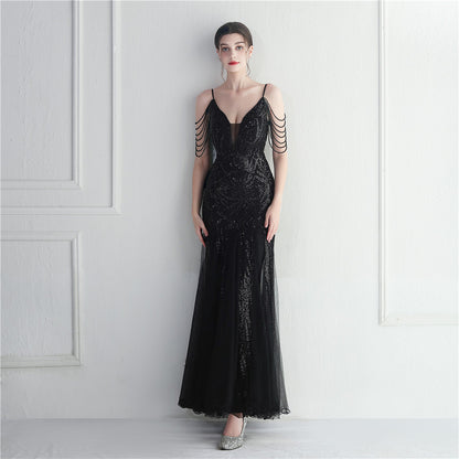Mesh Beaded Dinner Long Camisole Evening Gown