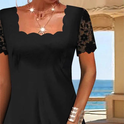 Fashionable Short-sleeve Square-neck Dress With Lace Trim