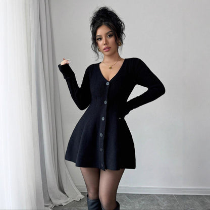 Women's Solid-Color V-Neck Knitted Dress