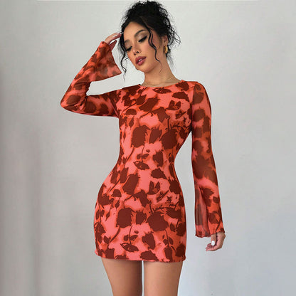 Autumn And Winter New Sexy Backless Mesh Print Long Sleeve Bodycon Dress
