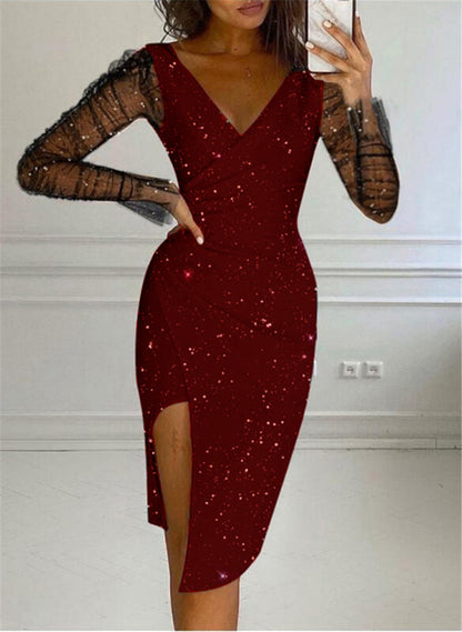 Hot-stone-embellished V-neck Sheath Mesh Dress For Women