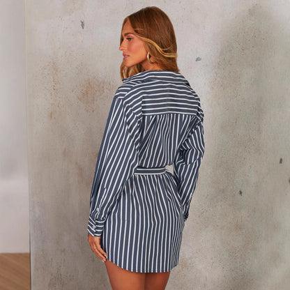 Striped Loose Tie Large V-neck Sexy Long-sleeve Shirt Short Dress