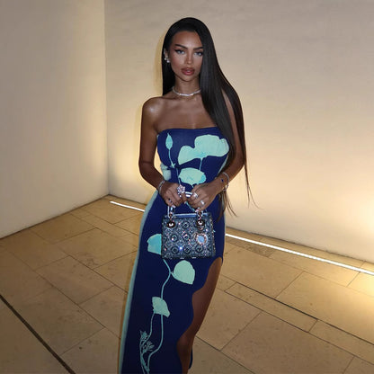 Women's Fashionable Printed Bodycon Slit Slip Dress