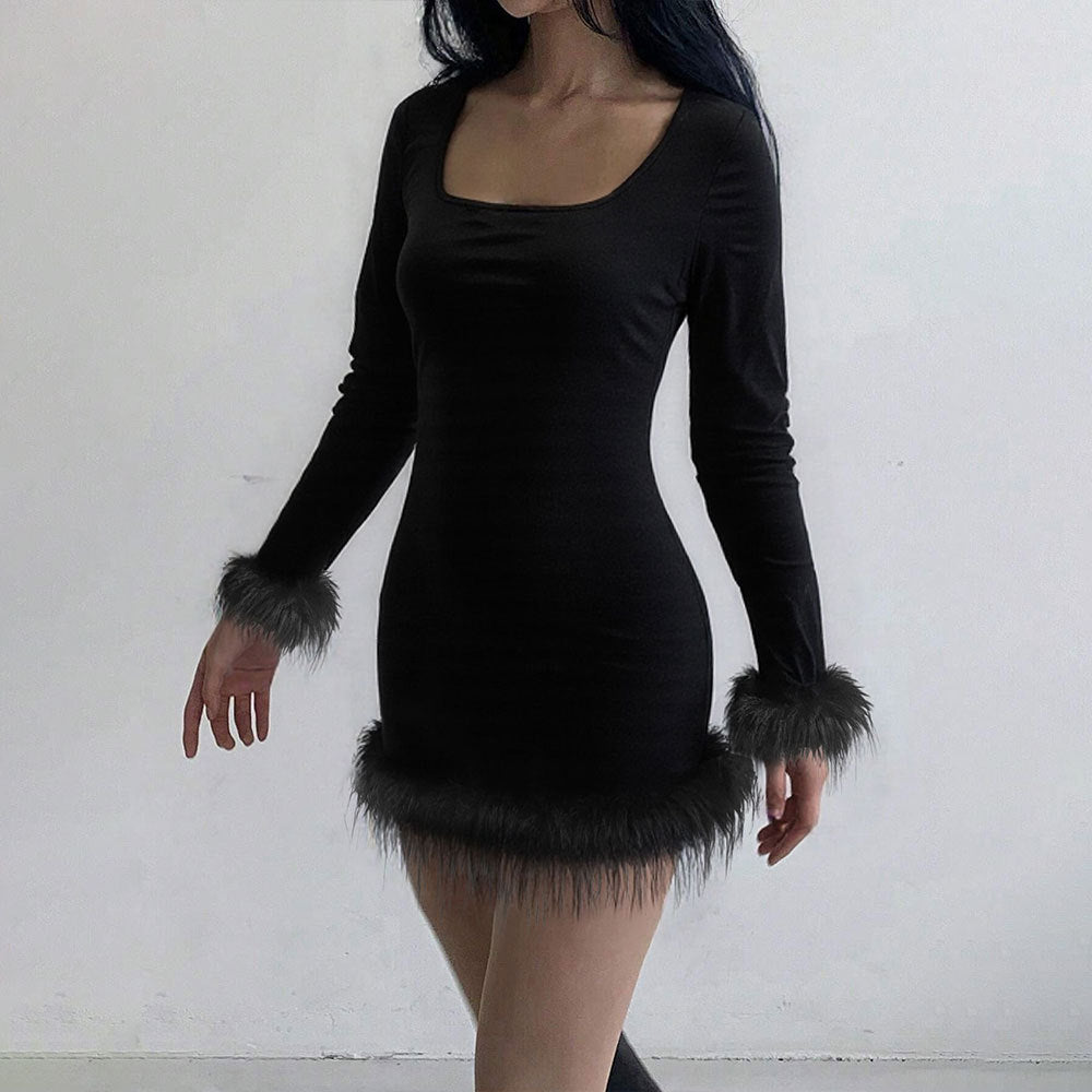 Women's Solid-color Knitted Waist-cinching Long-sleeve Dress