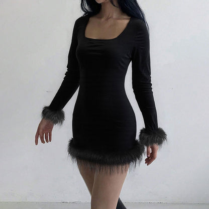 Women's Solid-color Knitted Waist-cinching Long-sleeve Dress