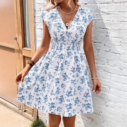 Women's Casual Loose-fit V-neck Floral Dress