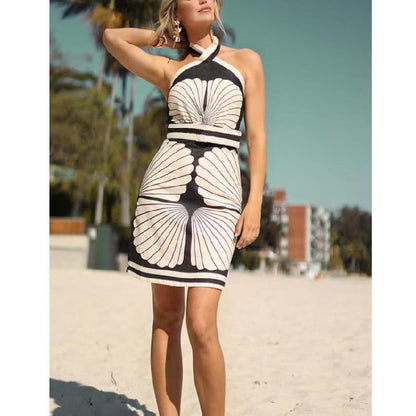 Transgender Shell Positioning Print Halter Tie Dress