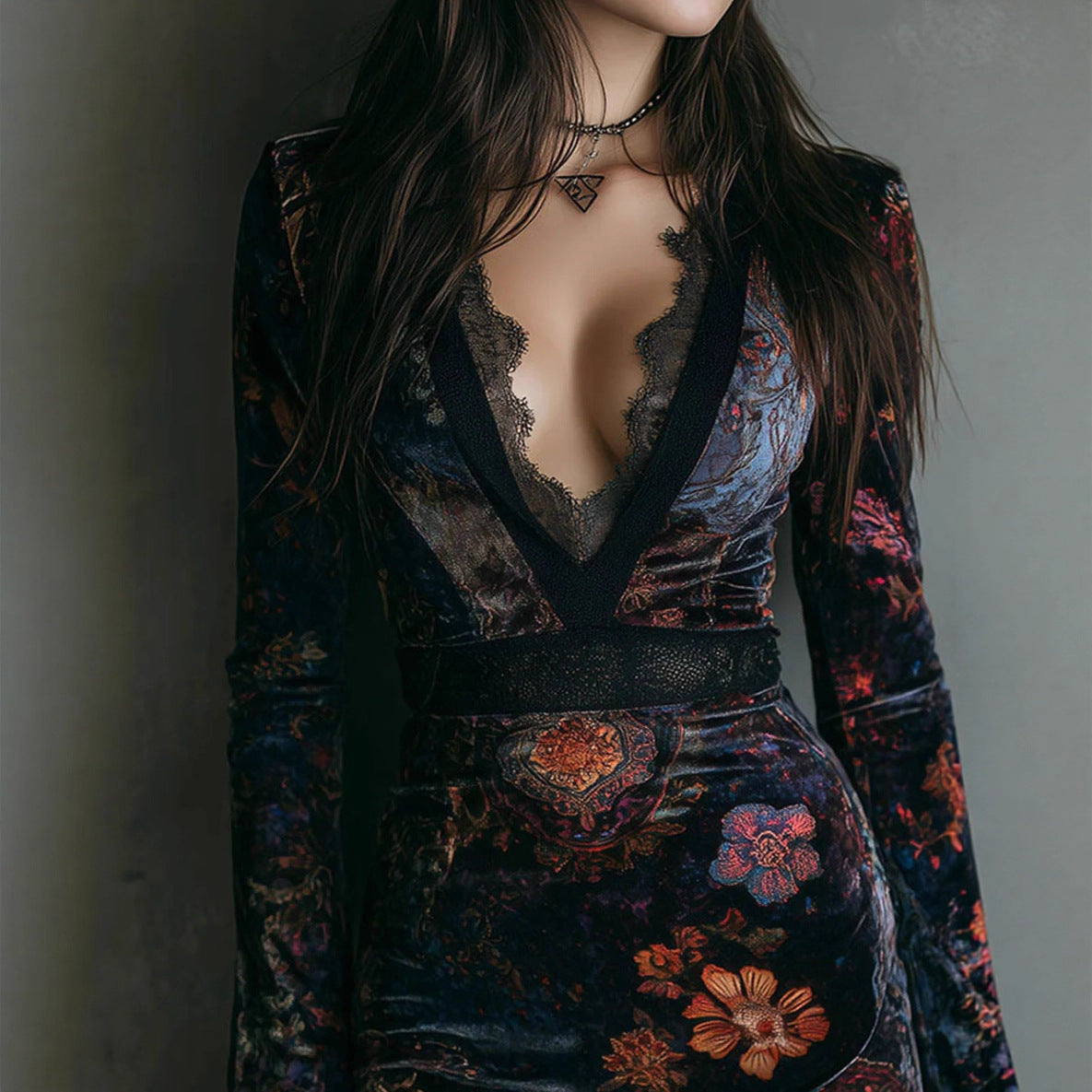 Retro-chic Velvet Cheongsam Dress With Floral Print, Fitted Waist, And Slimming Effect