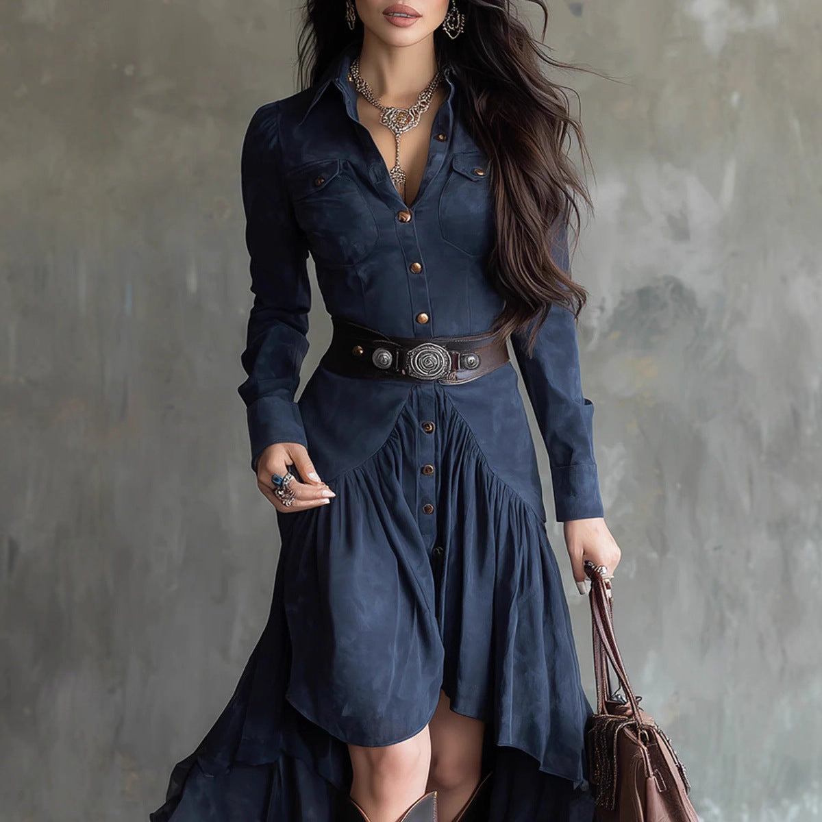 French Suede High-waisted Flare Cake Maxi Skirt With Belt