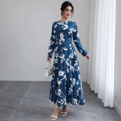 Blue Long-sleeved Round-neck Waist-tied Slim-fit Printed Midi Dress