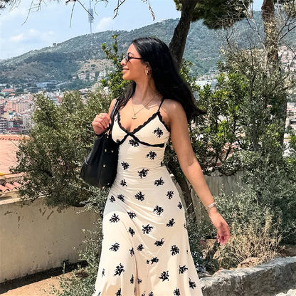 Spliced Lace V-neck Sleeveless Printed Suspender Dress