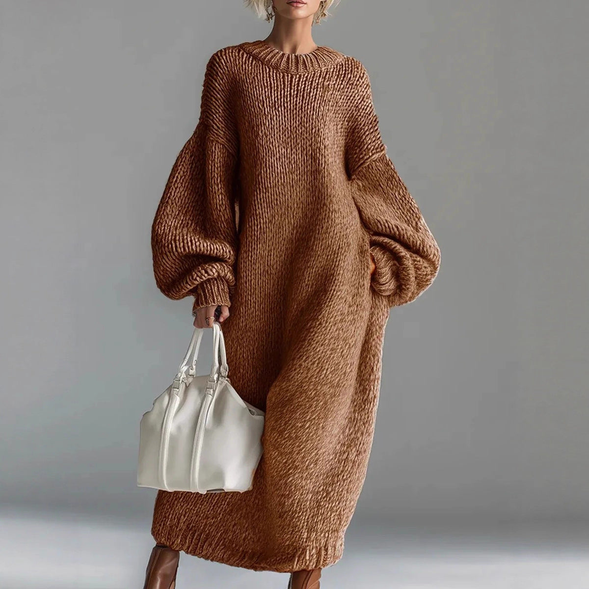 Crew-neck Loose-fit Lantern-sleeve Long Knit Sweater Dress