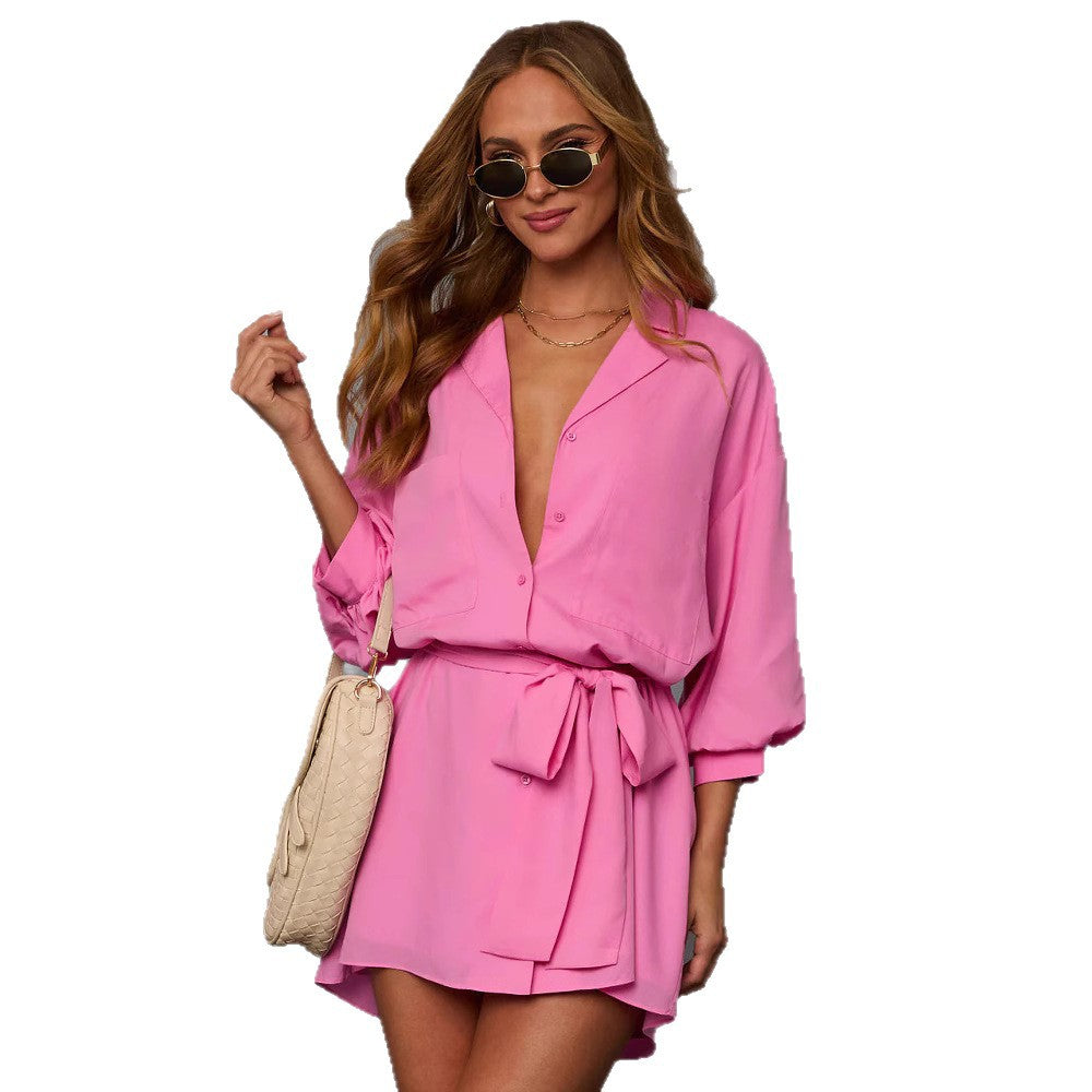Strap Solid Color Temperament Long-sleeved Shirt Dress