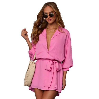 Strap Solid Color Temperament Long-sleeved Shirt Dress