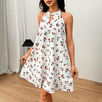 Sweet And Gentle Style Backless Loose Short Skirt Cherry Blossom Dress