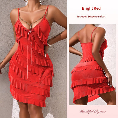 Fashionable Patchwork Ruffle-Trim Camisole Short Dress For Women