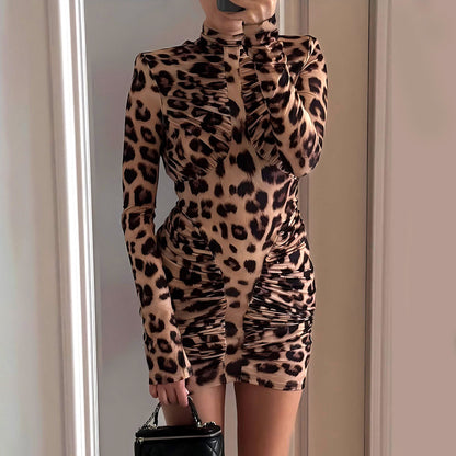 High-neck Leopard Print Tight Backless Bodycon Dress