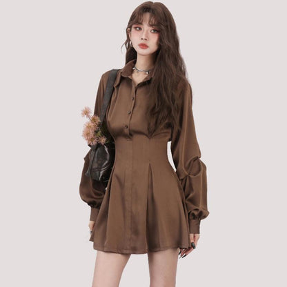 French-style Black Long-sleeved Waist-cinching Figure-flattering Dress