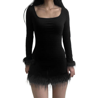 Women's Solid-color Knitted Waist-cinching Long-sleeve Dress