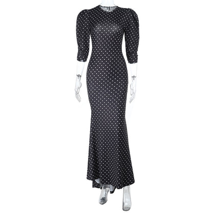 Round Neck Polka Dot Sexy Backless Long Sleeve Mermaid Dress For Women