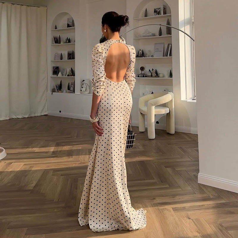 Round Neck Polka Dot Sexy Backless Long Sleeve Mermaid Dress For Women
