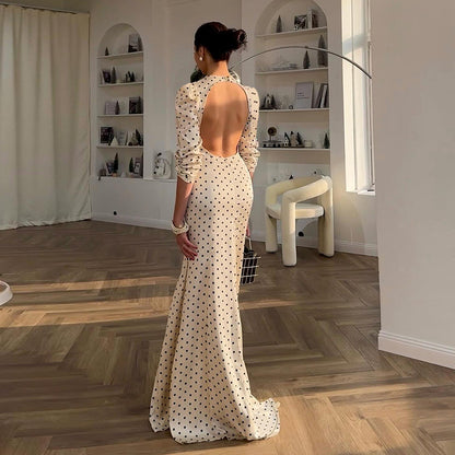 Round Neck Polka Dot Sexy Backless Long Sleeve Mermaid Dress For Women