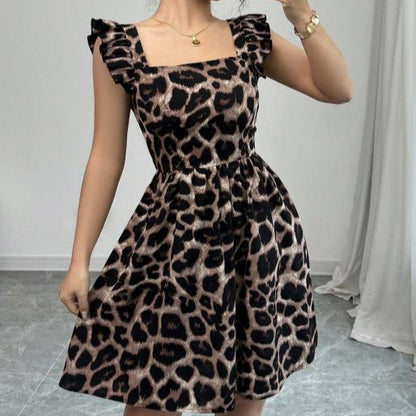 Leopard Print Tie-back Backless Ruffle Hem Dress