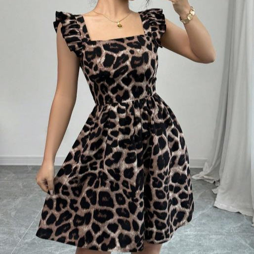Leopard Print Tie-back Backless Ruffle Hem Dress