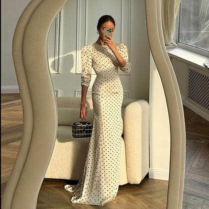 Round Neck Polka Dot Sexy Backless Long Sleeve Mermaid Dress For Women