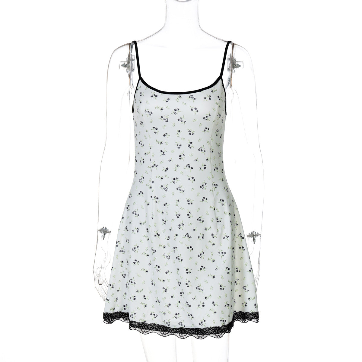 Floral Print Sexy Short Lace Trim Women's Camisole Dress
