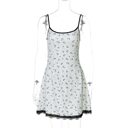 Floral Print Sexy Short Lace Trim Women's Camisole Dress