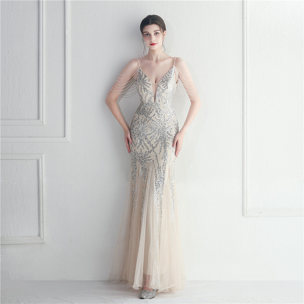 Mesh Beaded Dinner Long Camisole Evening Gown