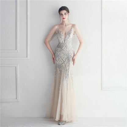 Mesh Beaded Dinner Long Camisole Evening Gown