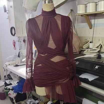 Women's Ruffle Trimmed High Neck Pleated Patchwork Dress