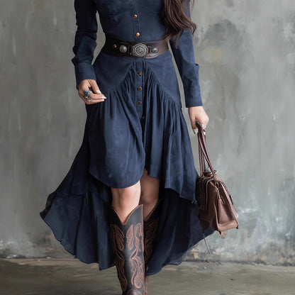 French Suede High-waisted Flare Cake Maxi Skirt With Belt