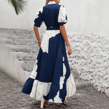 Women's Casual Printed Dress With A Turn-down Collar And Cinched Waist