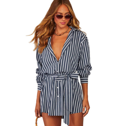 Striped Loose Tie Large V-neck Sexy Long-sleeve Shirt Short Dress