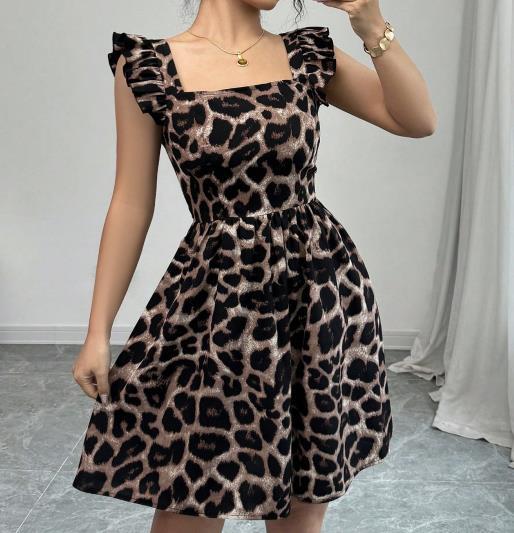 Leopard Print Tie-back Backless Ruffle Hem Dress