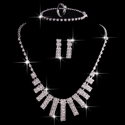 4 Pieces Rhinestones Necklace Set With Earrings Ring And Bracelet Fashion Jewelry For Women